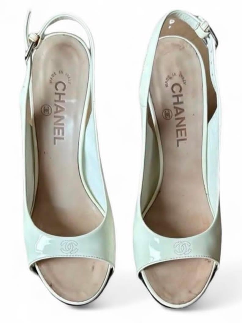 CHANEL Mint Patent Leather Peep-Toe Slingback Mules
